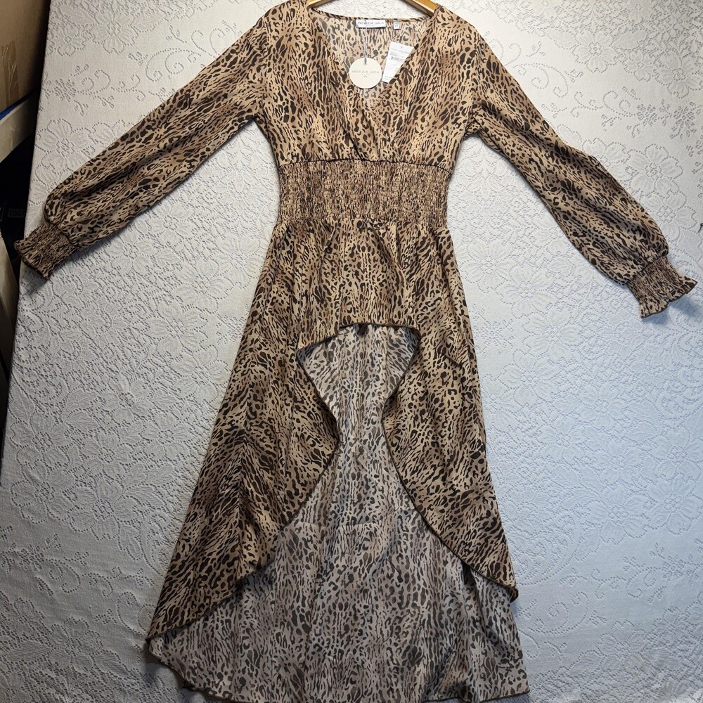 Patrizia Luca Wrap Dress Womens XS Brown Leopard Print High Low Smocked Hem